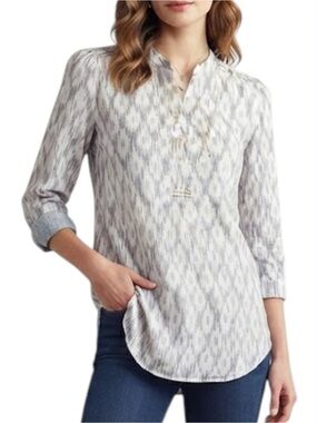 MASSIMO DUTTI Raindrop Print Collarless Tunic Shirt Grey Small Retro Academia